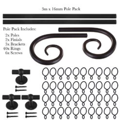 3m 16mm Crook Pack In Matt Black -Curtains & Poles Sales 804mb 20