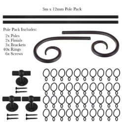 3m 12mm Crook Pack In Matt Black -Curtains & Poles Sales 828mb 20