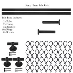 3m 16mm Button Pack In Matt Black -Curtains & Poles Sales 849mb 20